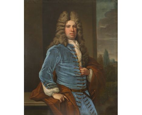 Follower of John Closterman Portrait of a gentleman, three-quarter-length, in blue velvet coat and ochre wrap Oil on canvas 1
