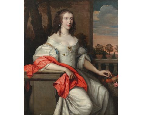 Attributed to John Michael Wright (1617-1694) Portrait of a lady, in a white dress and red shawl, seated next to a basket of 