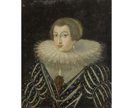 Manner of Frans Pourbus Portrait of a lady, half length, wearing a black and white dress with large ruff, and numerous pearls