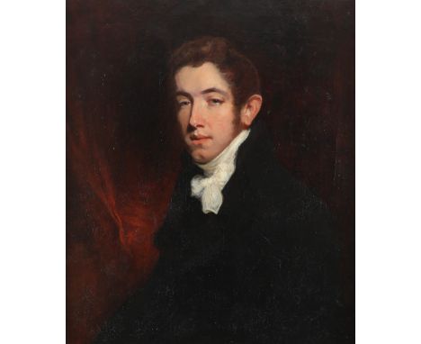 Circle of Sir Thomas Lawrence Portrait of a young gentleman wearing a black coat and white stock before a red curtain Oil on 