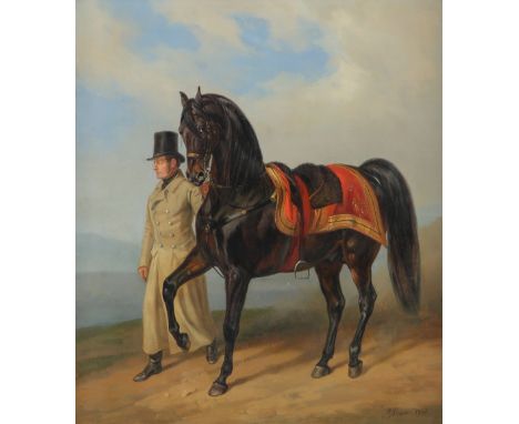 Albrecht Adam (German 1786-1862) Portrait of a gentleman and his stallion in a landscape Signed and dated 1856 Oil on canvas 