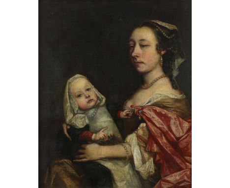 John Greenhill (c.1644-1676) Portrait of a mother, half-length with a red mantle over a brown dress, holding her child Signed