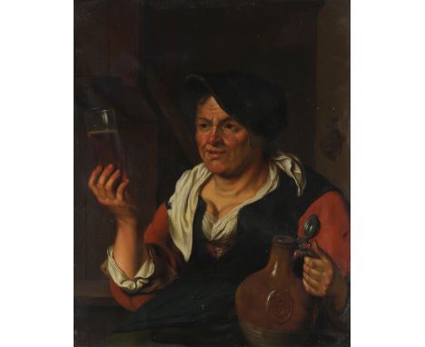 Circle of Willem van Mieris Peasant woman holding a pitcher and glass Oil on panel 22.6 x 17cm; 9 x 6¾in Provenance: The Lege
