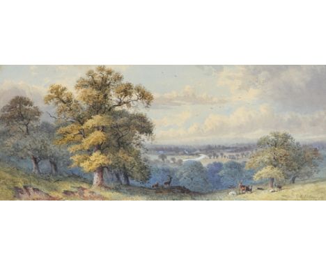 E. K. O. James (act. 1867) A view of Windsor Great Park with deer Signed and dated 67 Watercolour heightened with white 18.7 