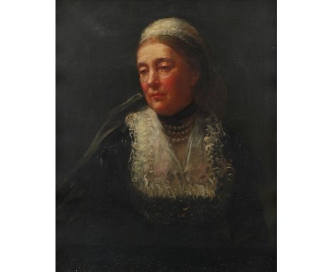 James Sant CVO, RA (1820-1916) Portrait of Mrs Heywood-Lonsdale, in a dark gown with ruffled neckline, pearl necklace, black 