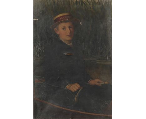 English School Late 19th Century Portrait of a boy in a skiff amongst the reeds Oil on canvas 91.7 x 60.8cm; 36 x 24in Unfram