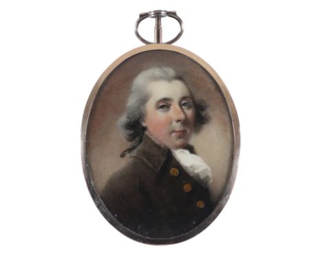 λAbraham Daniel (c.1750-1806) Portrait miniature of a gentleman, in a brown coat with gold buttons, and powdered hair en queu