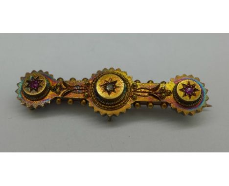 A 15ct gold, ruby and old cut diamond brooch, 3.6g