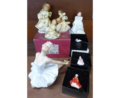 Three Goebel Christmas decoration figures including one musical, boxed, six Royal Doulton miniature ladies, boxed, a Royal Do