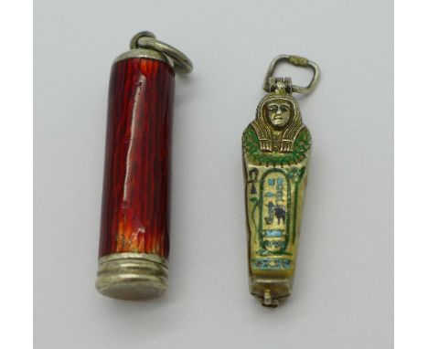 A silver and enamel charm and a silver enamel pencil