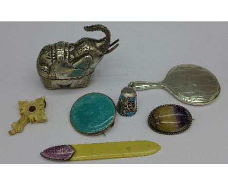 A Ruskin brooch, a/f, a Blue John brooch, a/f, a silver and enamel bookmark, a cross pendant with stanhope, a silver mirror, 