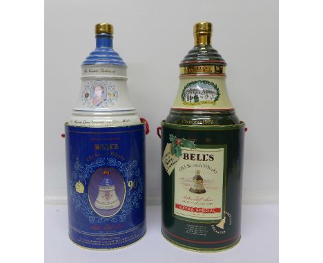 Two Bell's commemorative Scotch whisky decanters, with contents