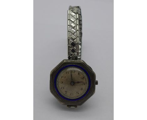 A lady's silver and enamel Rolex wristwatch, the movement and inner case marked Rolex, lacking winder