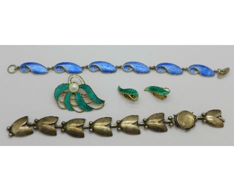 A Georg Jensen silver bracelet, a/f, a Danish silver and enamel bracelet and a Norwegian silver and enamel brooch with matchi