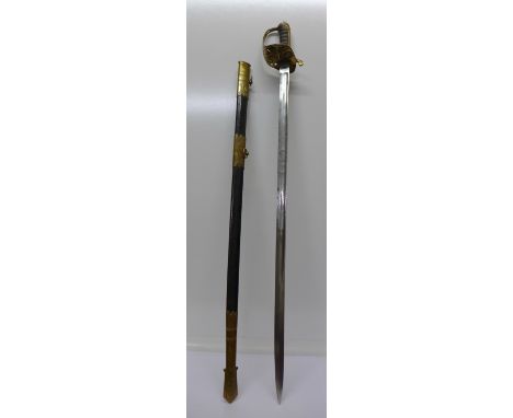 A Naval Officers sword, with scabbard, the blade marked Gould & Son, Devonport