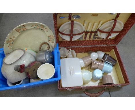 A Sirram picnic basket and contents and other items including a jelly mould and Mason's South Sea Series beaker