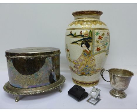 A plated caddy, a/f, a cup, an oriental vase and a magnifying glass