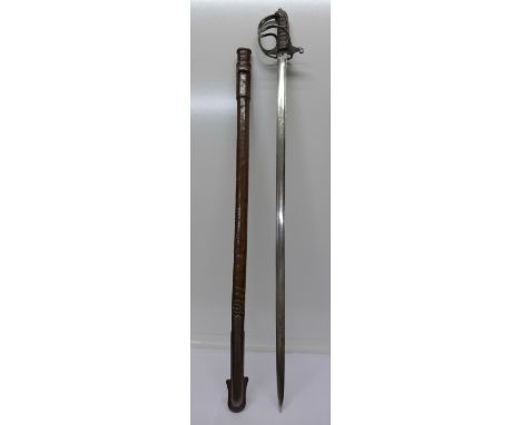 A British Royal Artillery sword with leather scabbard, the blade marked Thurkle, London