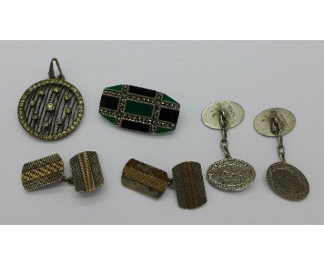 A marcasite set .925 silver Art Deco style brooch, a .800 silver and paste pendant, a pair of silver gilt cufflinks and one o