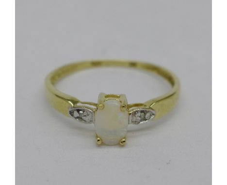 A 9ct gold, opal and diamond ring, 0.9g, O