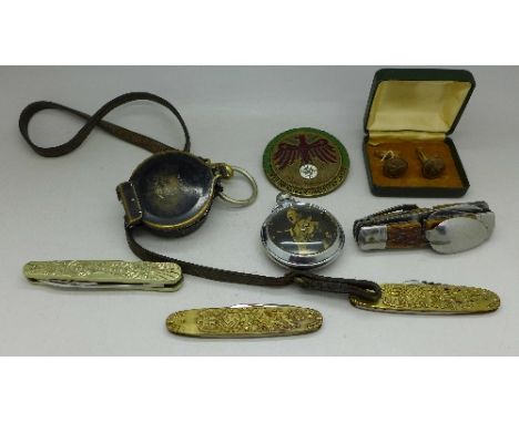 A German compass marked Busch, 81500, D.R.G.M., an enamel medallion, Kleinkaliber-Meisterklasse, marked A.G.&Co., München, a 