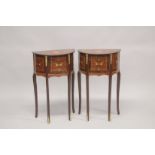 A PAIR OF LOUIS XVITH DESIGN HALF MOON BEDSIDE CUPBOARDS with three drawers, on curving legs. 1ft
