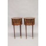 A PAIR OF LOUIS XVITH DESIGN INLAID OVAL BEDSIDE CUPBOARDS with three drawers, under tier and