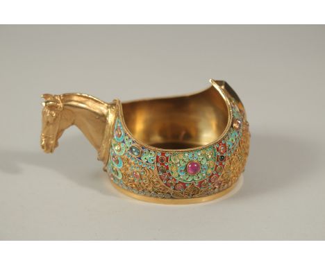 A VERY GOOD RUSSIAN SILVER GILT AND CLOISONNE KOVSH, the handle as a horse's head. Marks 84 Eagle 40 over 1893. 346 grams. 8c