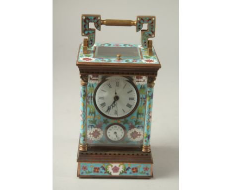 A LARGE GILT METAL AND CLOISONNE ENAMEL BLUE REPEATER CARRIAGE CLOCK. 17cms high.
