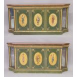 A VERY GOOD PAIR OF PAINTED SHERATON SIDE CABINETS, FAUX SATINWOOD, painted with garlands