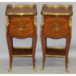 A SMALL PAIR OF LOUIS XVITH INLAID BEDSIDE CABINETS with brass gallery, brushing slide and three