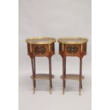 A PAIR OF LOUIS XVITH DESIGN INLAID OVAL BEDSIDE CUPBOARDS with three drawers, under tier and