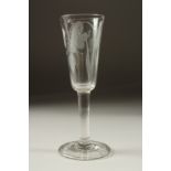 A GEORGIAN WINE GLASS with long engraved ale glass. 7ins high.