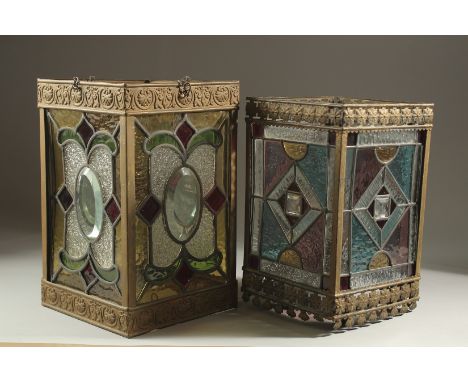 TWO SQUARE LEADED LIGHT HALL LANTERNS. 13ins &amp; 12ins high.