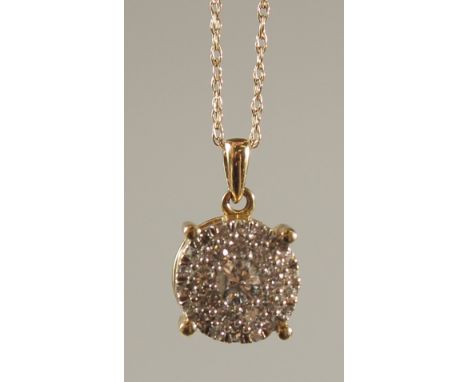 A 9CT YELLOW GOLD MULTI CLUSTER DIAMOND PENDANT ON 9CT YELLOW GOLD CHAIN, boxed. RBC and R/C diamonds 0.33ct.