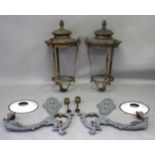 A LARGE PAIR OF BRASS LANTERNS AND SUPPORTS. 2ft 10ins high.