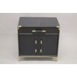 A GOOD BLUE LEATHER CHEST with long drawer, with panel doors below. 2ft long x 1ft 4ins deep x 2ft