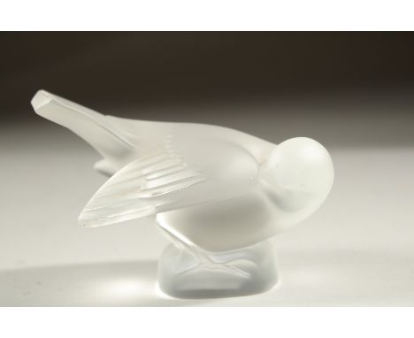 A LALIQUE FROSTED GLASS BIRD. 10cms. Etched R. Lalique, France.