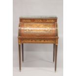 A LOUIS XVITH STYLE INLAID CYLINDER BUREAU on tapering legs. 4ft high x 2ft 9ins wide.