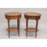 A PAIR OF LOUIS XVITH DESIGN INLAID OVAL BEDSIDE CUPBOARDS with single drawer, under tier and