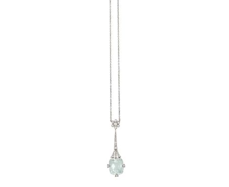 AN EARLY 20TH CENTURY AQUAMARINE AND DIAMOND PENDANT NECKLACEThe cushion-shaped aquamarine weighing approximately 10.00cts wi