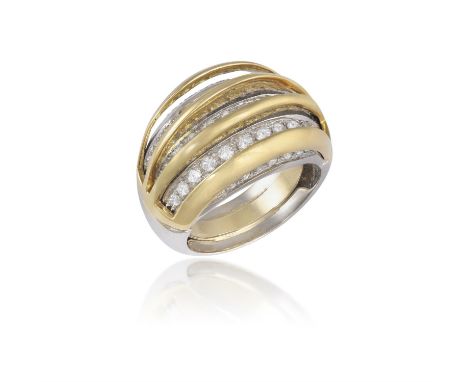 A DIAMOND DRESS RINGOf bi-colour bombé design, composed of three continuous lines of brilliant-cut diamonds between raised po