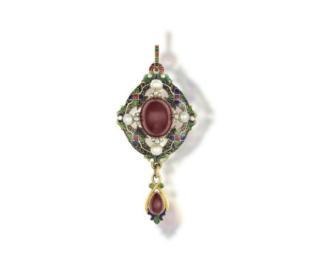 A 19TH CENTURY ENAMEL AND GEM-SET HOLBEINESQUE PENDANT, CIRCA 1870The neo-renaissance style set with an oval-shaped garnet ca