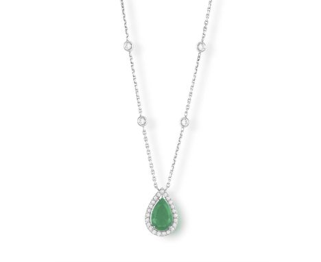 AN EMERALD AND DIAMOND PENDANTThe pear-shaped emerald in a claw setting within a pavé-set diamond halo, mounted in 18K gold, 