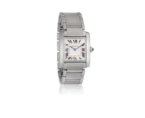 A STAINLESS STEEL 'TANK FRANCAISE' BRACELET WATCH, BY CARTIER, CIRCA 19984-Jewel Cal. 157 quartz movement, cream dial with bl