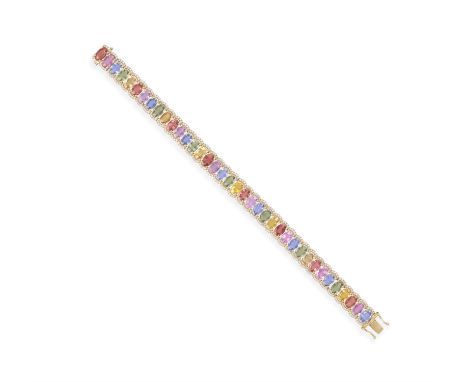 A MULTI-COLOURED SAPPHIRE AND DIAMOND BRACELETDesigned as a continuous row of oval-shaped blue, pink, orange, yellow and gree