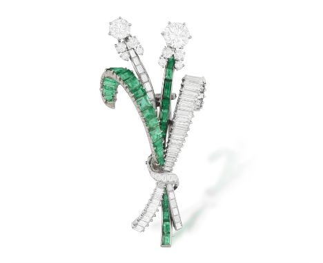 AN EMERALD AND DIAMOND BROOCH, FRENCH, CIRCA 1965The stylised flower bouquet set with two brilliant-cut diamond flowerhead ac