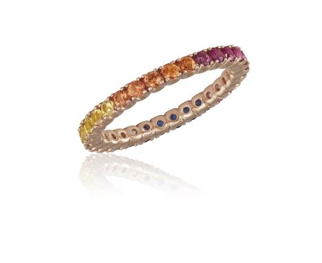 A MULTI-COLOURED SAPPHIRE ETERNITY RINGThe continuous row of circular-cut blue, pink, orange, yellow and green sapphires, mou