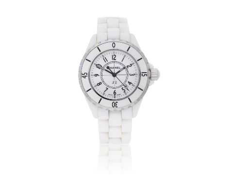 A WHITE CERAMIC AND STAINLESS STEEL 'J12' BRACELET WATCH, BY CHANEL7-Jewel Cal-V8 quartz ETA movement, the circular white dia
