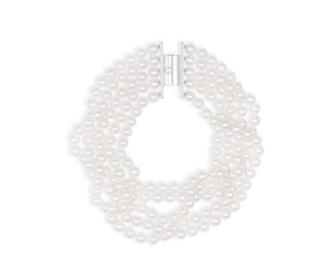 AN AKOYA CULTURED PEARL AND DIAMOND CHOKER NECKLACEThe five rows of Akoya cultured pearls measuring approximately 8.80mm on a